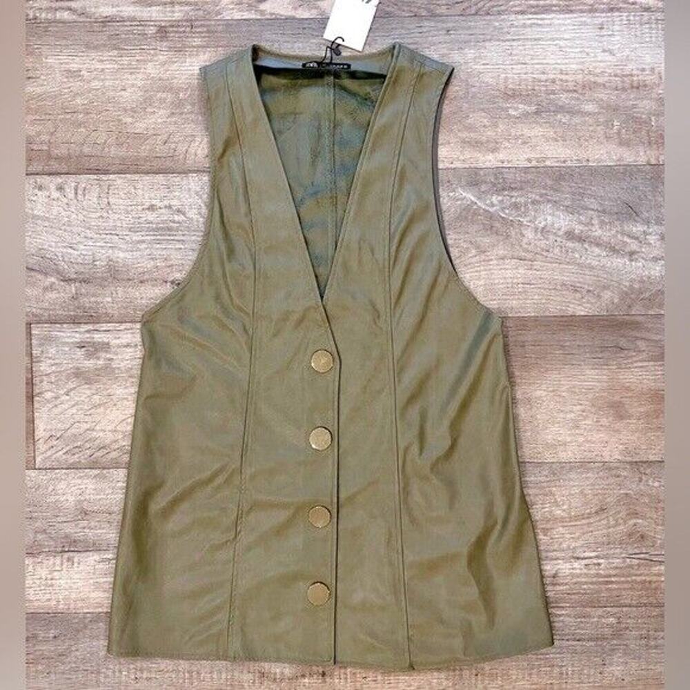 Zara NWT Green Faux Leather Button Front Pinafore Dress S M - Picture 15 of 16